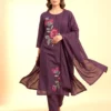 Premium Mal Cotton Embroidered Purple Kurta Set with Palazzo & Dupatta