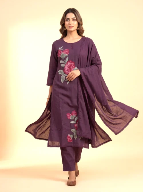 Premium Mal Cotton Embroidered Purple Kurta Set with Palazzo & Dupatta