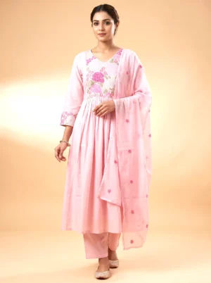 Premium Pink Mal Chanderi Embroidered Anarkali Suit Set