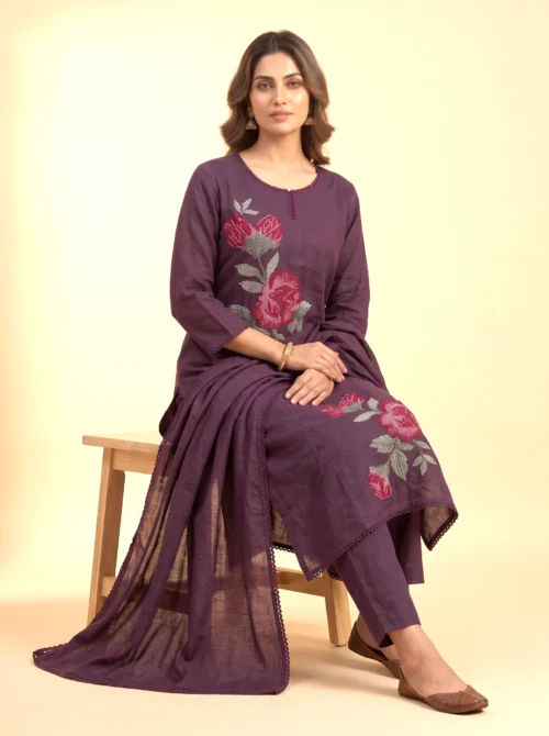 Premium Mal Cotton Embroidered Purple Kurta Set with Palazzo & Dupatta