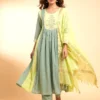 Premium Festive Green & Yellow Chanderi Anarkali Kurta Set