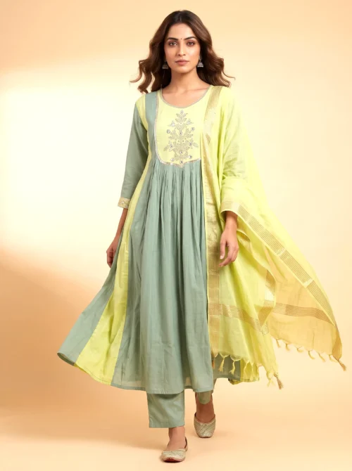 Premium Festive Green & Yellow Chanderi Anarkali Kurta Set