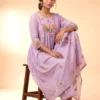 Premium Purple Mal Chanderi Anarkali Kurta Set with Silk Pants & Dupatta