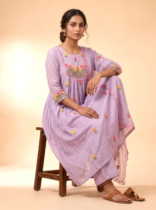 Premium Purple Mal Chanderi Anarkali Kurta Set with Silk Pants & Dupatta