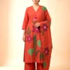 Women's Rust Pure Cotton Kurta Set with Applique Work, Palazzo & Printed Dupatta