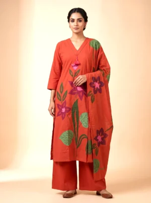 Women's Rust Pure Cotton Kurta Set with Applique Work, Palazzo & Printed Dupatta