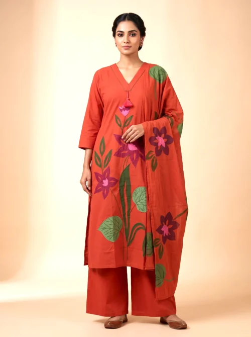 Women's Rust Pure Cotton Kurta Set with Applique Work, Palazzo & Printed Dupatta