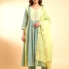 Premium Festive Green & Yellow Chanderi Anarkali Kurta Set