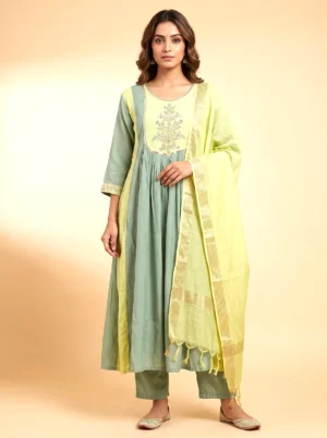 Premium Festive Green & Yellow Chanderi Anarkali Kurta Set