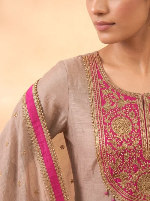 Premium Mal Chanderi Anarkali Festive Kurta Set with Handwork