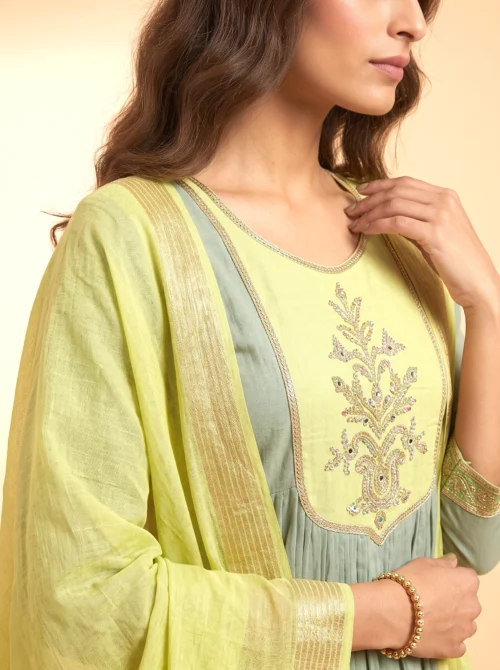 Premium Festive Green & Yellow Chanderi Anarkali Kurta Set