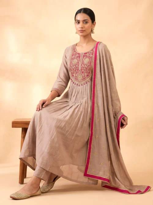 Premium Mal Chanderi Anarkali Festive Kurta Set with Handwork