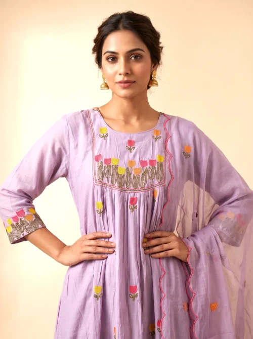 Premium Purple Mal Chanderi Anarkali Kurta Set with Silk Pants & Dupatta