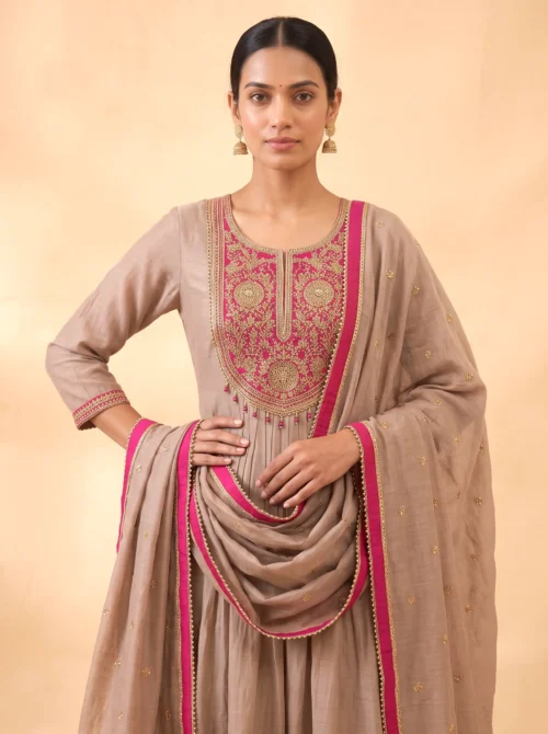 Premium Mal Chanderi Anarkali Festive Kurta Set with Handwork