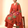 Women's Rust Pure Cotton Kurta Set with Applique Work, Palazzo & Printed Dupatta