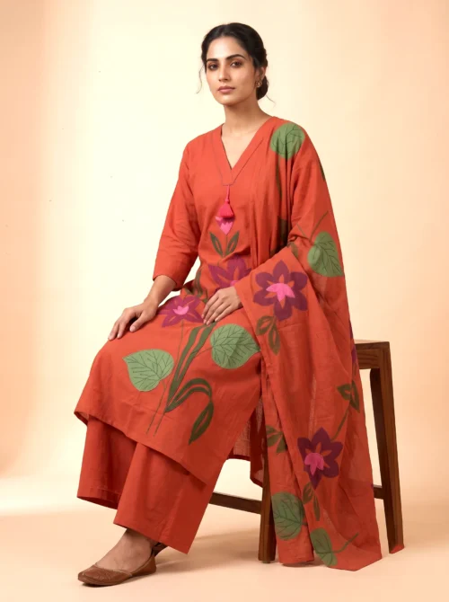Women's Rust Pure Cotton Kurta Set with Applique Work, Palazzo & Printed Dupatta