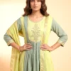 Premium Festive Green & Yellow Chanderi Anarkali Kurta Set