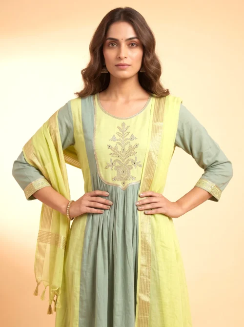 Premium Festive Green & Yellow Chanderi Anarkali Kurta Set