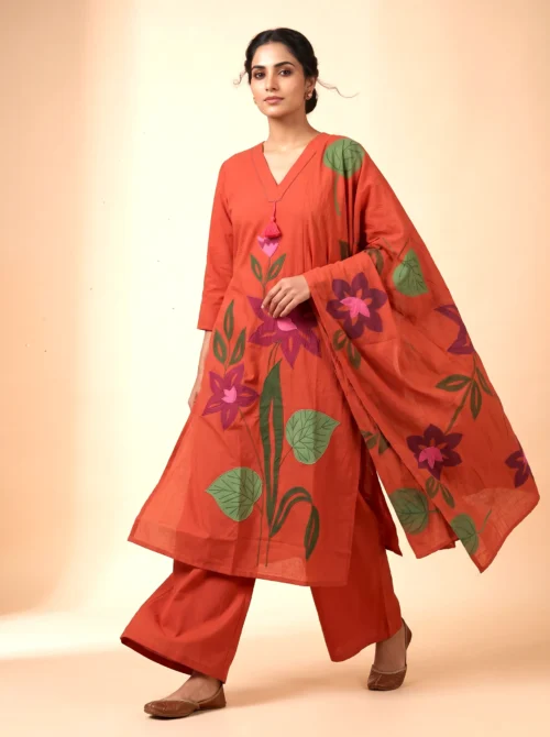 Women's Rust Pure Cotton Kurta Set with Applique Work, Palazzo & Printed Dupatta