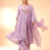 Premium Purple Mal Chanderi Anarkali Kurta Set with Silk Pants & Dupatta