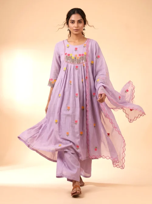 Premium Purple Mal Chanderi Anarkali Kurta Set with Silk Pants & Dupatta