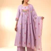 Premium Purple Mal Chanderi Anarkali Kurta Set with Silk Pants & Dupatta