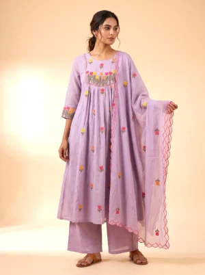 Premium Purple Mal Chanderi Anarkali Kurta Set with Silk Pants & Dupatta