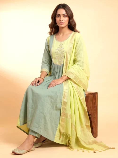 Premium Festive Green & Yellow Chanderi Anarkali Kurta Set
