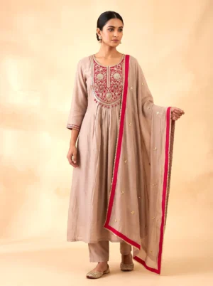 Premium Mal Chanderi Anarkali Festive Kurta Set with Handwork