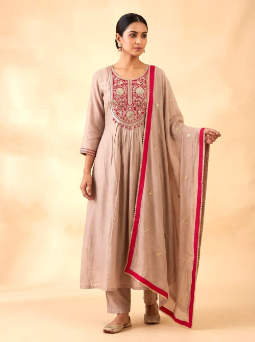 Premium Mal Chanderi Anarkali Festive Kurta Set with Handwork