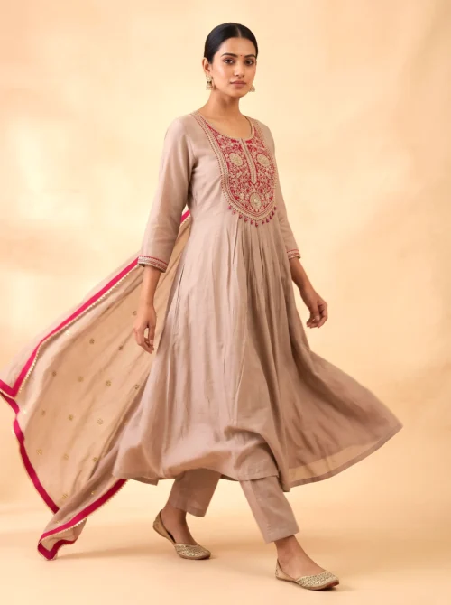 Premium Mal Chanderi Anarkali Festive Kurta Set with Handwork