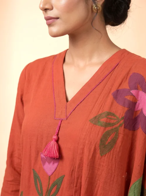 Women's Rust Pure Cotton Kurta Set with Applique Work, Palazzo & Printed Dupatta