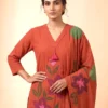 Women's Rust Pure Cotton Kurta Set with Applique Work, Palazzo & Printed Dupatta