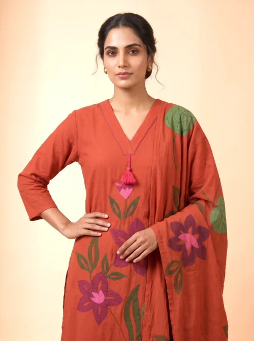 Women's Rust Pure Cotton Kurta Set with Applique Work, Palazzo & Printed Dupatta