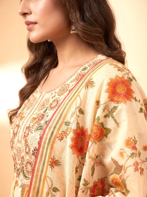 Premium Mal Chanderi Digital Print Flared Anarkali Kurta Set with Silk Pants & Dupatta
