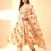 Premium Mal Chanderi Digital Print Flared Anarkali Kurta Set with Silk Pants & Dupatta