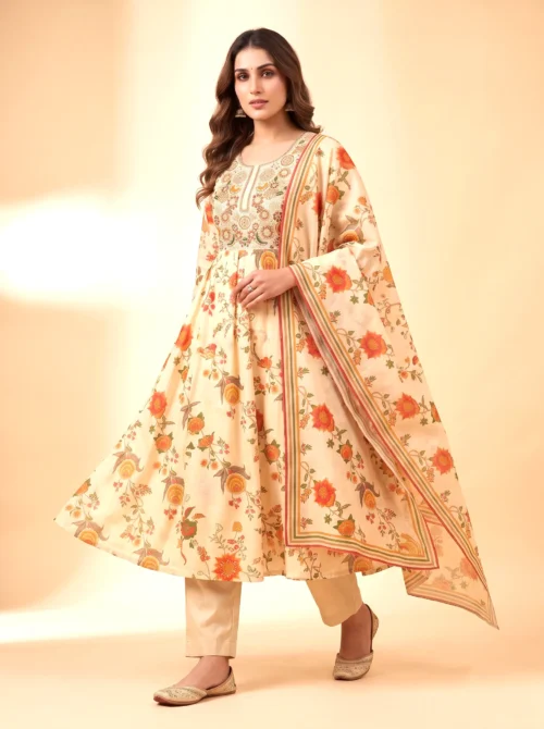 Premium Mal Chanderi Digital Print Flared Anarkali Kurta Set with Silk Pants & Dupatta