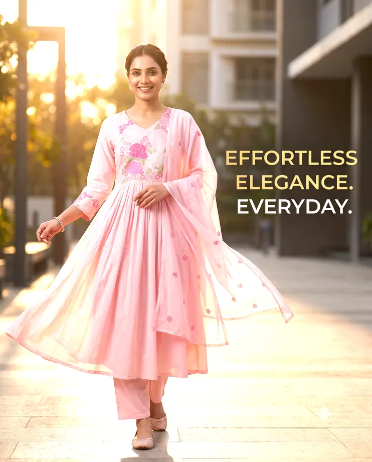 Kottons Premium Pink Mal Chanderi Embroidered Anarkali Suit Set
