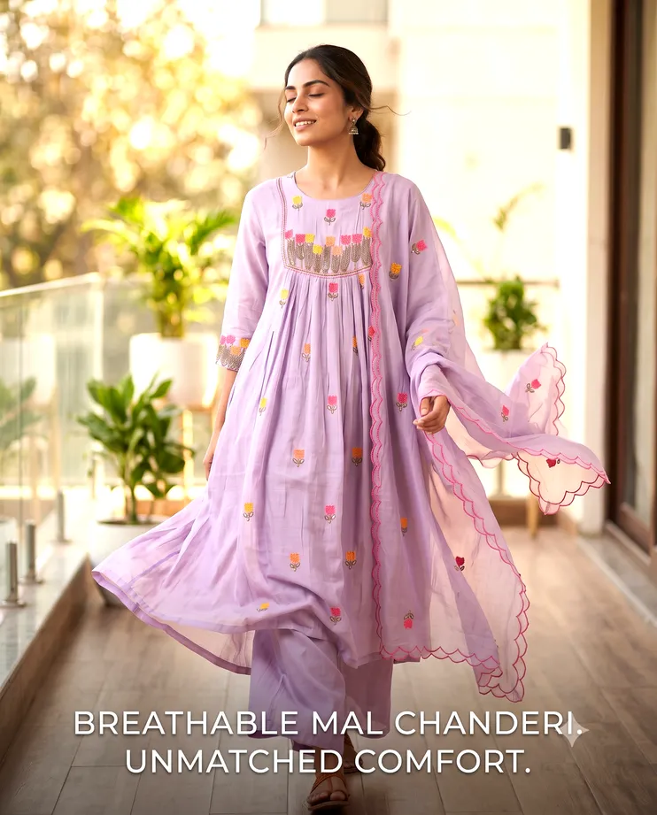 Kottons Premium Purple Mal Chanderi Anarkali Kurta Set with Silk Pants & Dupatta