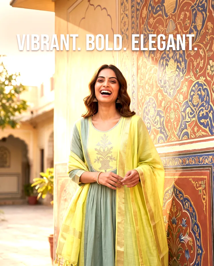 Kottons- Premium Festive Green & Yellow Chanderi Anarkali Kurta Set